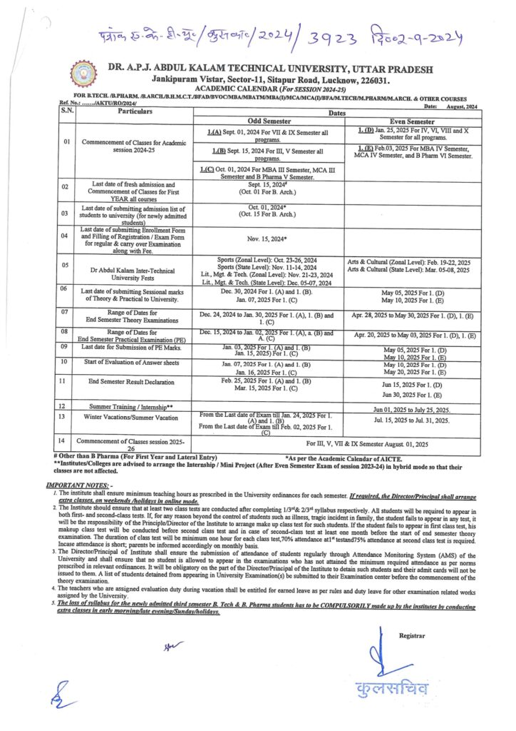 AKTU Odd Sem Exam Date 2024 25 Check 1st 3rd 5th Semester Exam